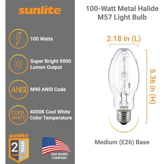 FGERFE-03645-SU MH100/U/MED M90 Metal Halide Lamp, 100 Watts, Pulse Start, Medium Base (E26), ED17, 12,000 Hours Life, 9000 Lumen, Clear Finish, 4000K