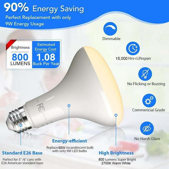 FGERFE-LED Flood Light Bulb 12 Pack, Recessed Ceiling Bulb, BR30, 65W Equivalent Efficient 9W, Dimmable, E26 Base, Soft White 2700K, 800 Lumens, 80CRI, Ceiling Light for Kitchen, Living Room
