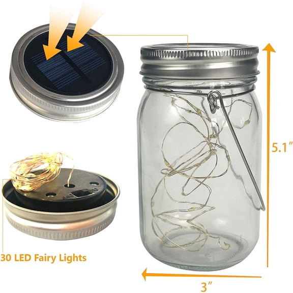 FGERFE-Solar Powered Mason Jar Lights Outdoor Waterproof 30 Mini Warm White LED Fairy Starry Firefly Lanterns Garden Table Patio Backyard Tree Lawn Porch Wedding Christmas Decorations 6 Pack