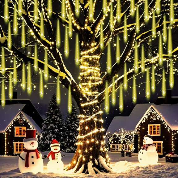 FGERFE-Outdoor Christmas Lights, Meteor Shower Lights 30cm 8 Tube 144 LED Falling Raindrop Fairy String Light for Thanksgiving New Year Holiday Party, Wedding Decorations, Warm White