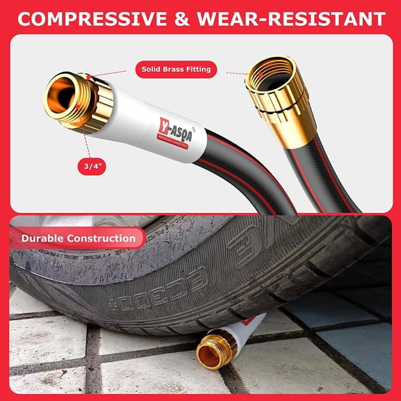 FGERFE-YASQA 50 ft Garden Hose with Nozzle,Lightweight 5/8in Water Hose with 10 Functions Spray Nozzle,3/4'' Heavy Duty Brass Fittings,Durable Kink Free Rubber Pipe for Yard, Car, Pets,Outdoor