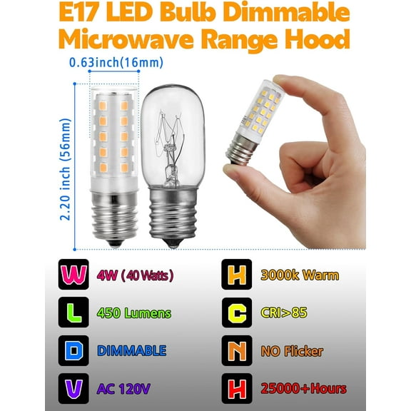 FGERFE-E17 LED Dimmable Under Hood Microwave Bulb 40W Equivalent, 8206232A T7 Intermediate Base Warm White 3000K, 125v 4W 450LM Microwave Oven Stove Range Hood Appliance Light Bulb 2Pack
