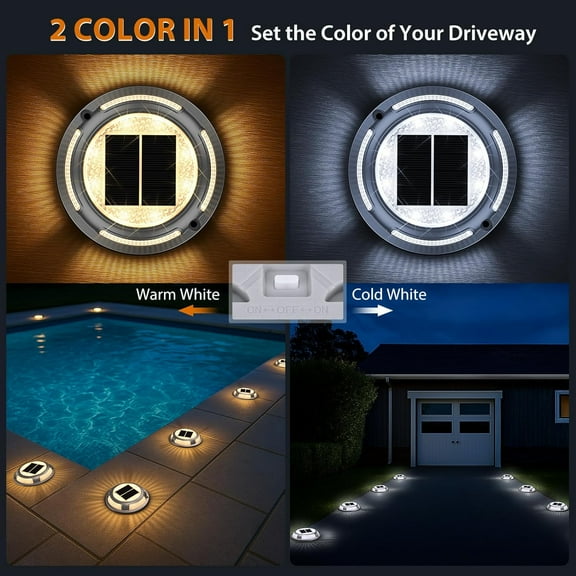 FGERFE-Solar Deck Lights,2 Pack Driveway Dock Light 2 Colors in 1 Solar Powered Lights Outdoor IP68 Waterproof Driveway Marker for Warning Step/Garden/Sidewalk/Pathway/Yard (Warm White & Cool White)