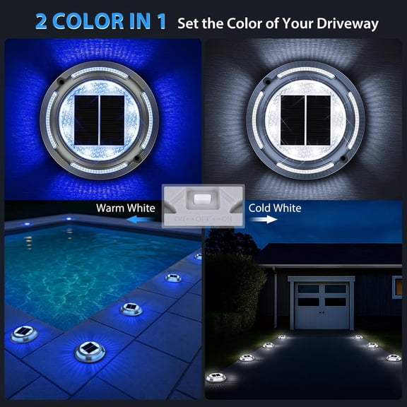 FGERFE-Solar Deck Lights,8 Pack Driveway Dock Light 2 Colors in 1 Solar Powered Lights Outdoor IP68 Waterproof Driveway Marker for Warning Step/Garden/Sidewalk/Pathway/Yard (Blue & Cool White)