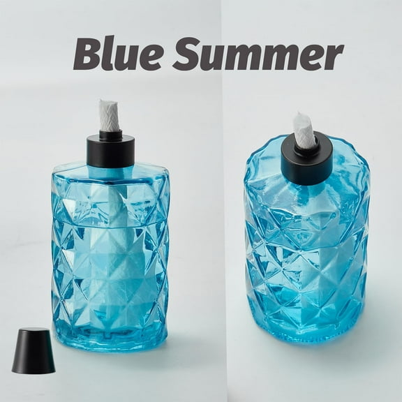 FGERFE-4 Pack Blue Glass Table Top Torches with Wick and Cap,Citronella Torches Outdoor,Refillable Flame Light Torch,Decorative Tabletop Lantern for Yard,Patio,Deck,Garden,Outdoor Party,Landscape