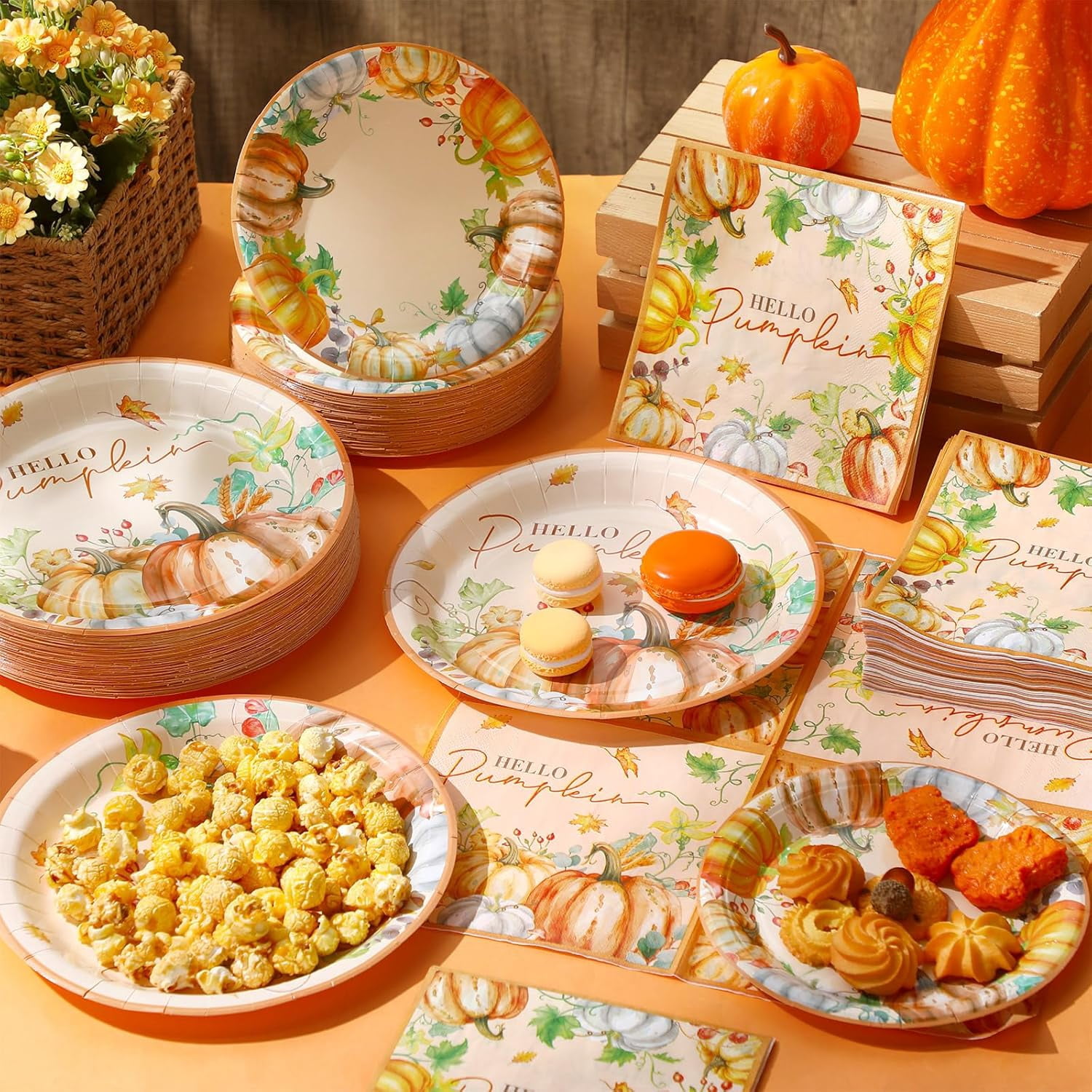 Fall B SLFR-180 Pcs Hello Pumpkin Thanksgiving Party Plates and Napkins 7 ...