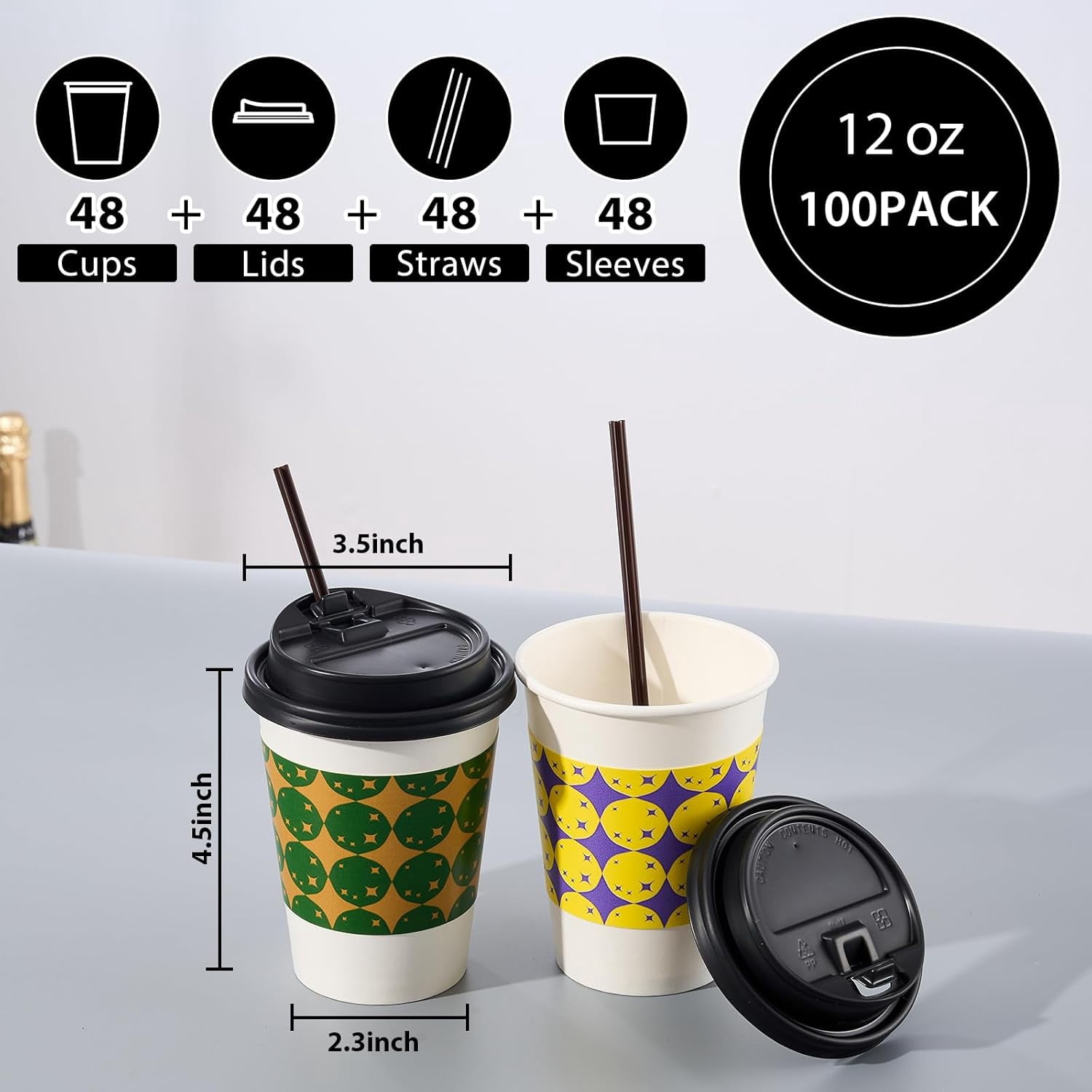 SLFR-48 PACK 12OZ Disposable Coffee Cups with Lids, Sleeves and ...