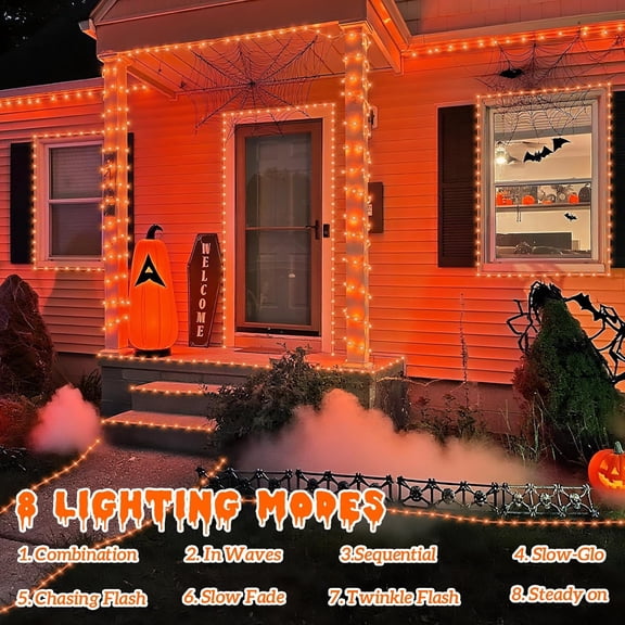 SLFR-66ft 200 LED Solar Rope Lights Outdoor Waterproof, Orange String Lights for Outside, 8 Modes Fairy Lights in Clear Thin Tube