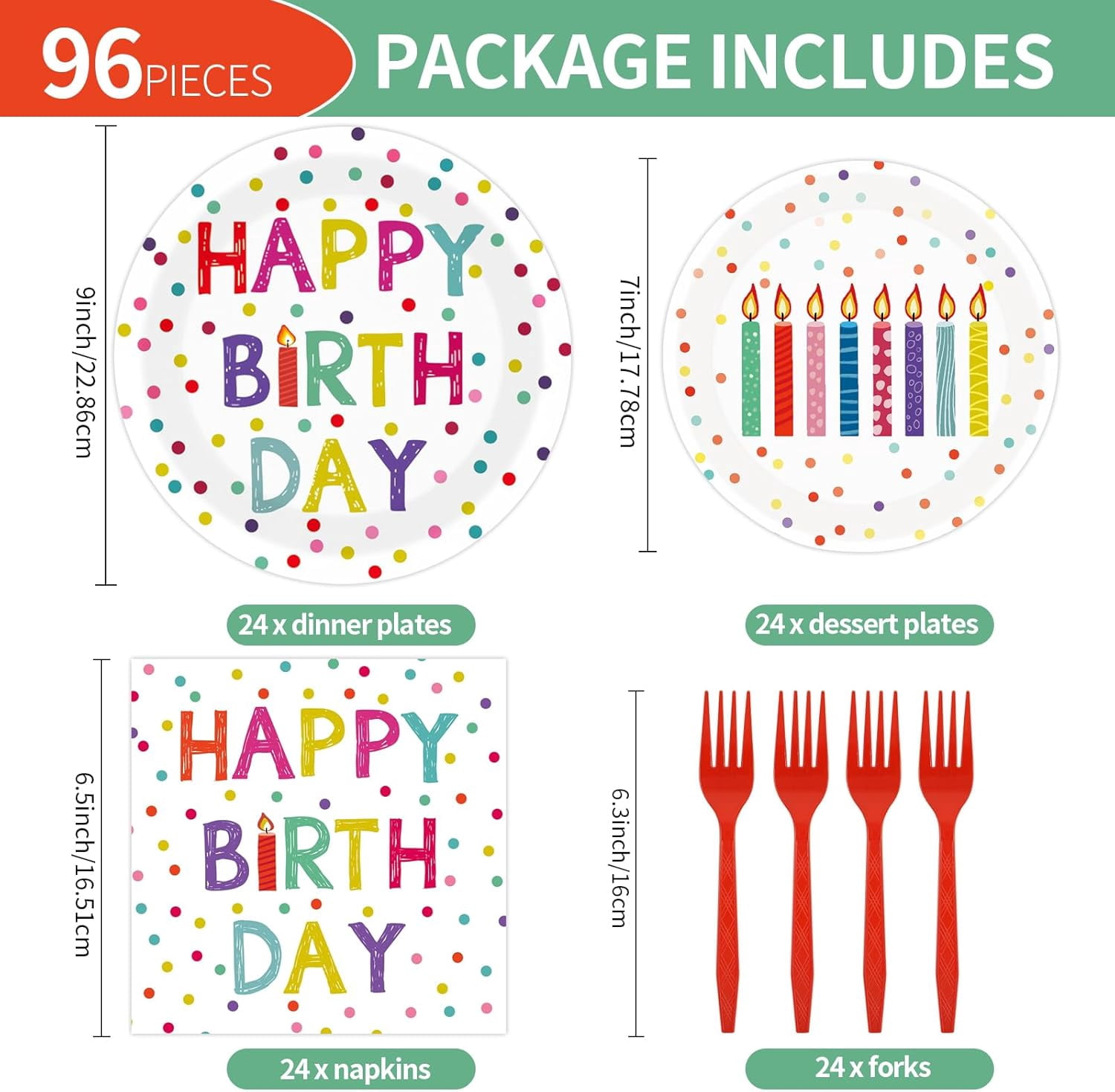 SLFR-96 Pcs Birthday Plates and Napkins Party Supplies, Happy Birthday ...