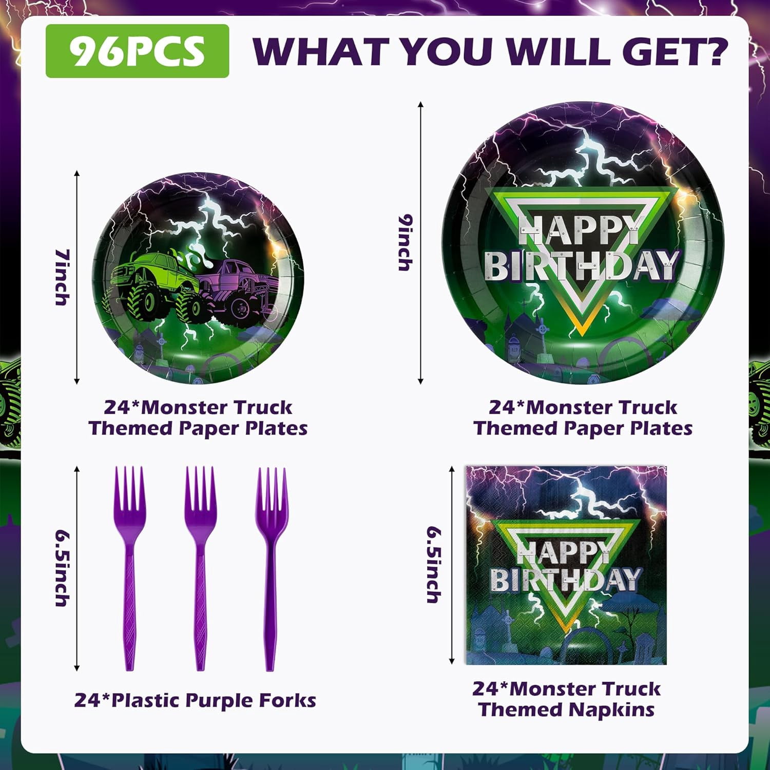 SLFR96Pcs Monster Truck Party Plates Supplies Happy Birthday Green — free download