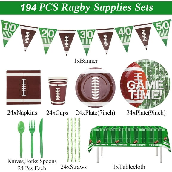 SLFR-Football Plates and Napkins Sets Sports Paper Plates,Football Birthday Party Supplies Disposable Tableware Sets Rugby Plate with Touchdown Tablecloth for Gameday Tailgate Party Decorations Serve