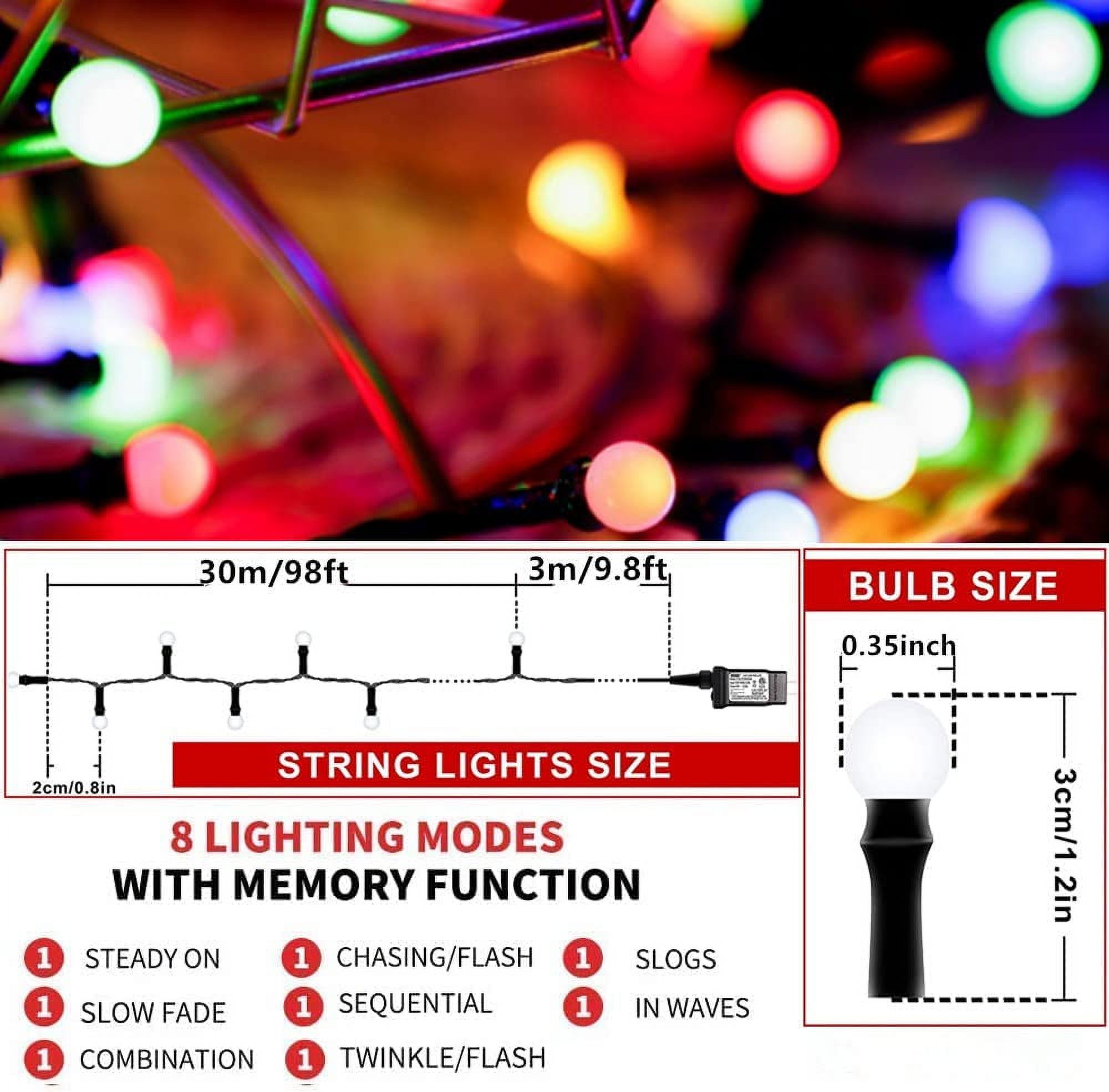 SLFR-LED Christmas Lights Outdoor,300LED 105Ft 8 Modes Plug-in ...
