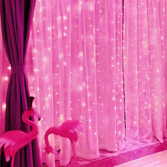 SLFR-Remote Control 300 LED Pink Curtain Lights, 8 Modes Curtain String Lights Plug in, Window Curtain Pink Lights for Bedroom Wall Wedding Party Backdrop Indoor Outdoor Decorations(9.8x9.8Ft)
