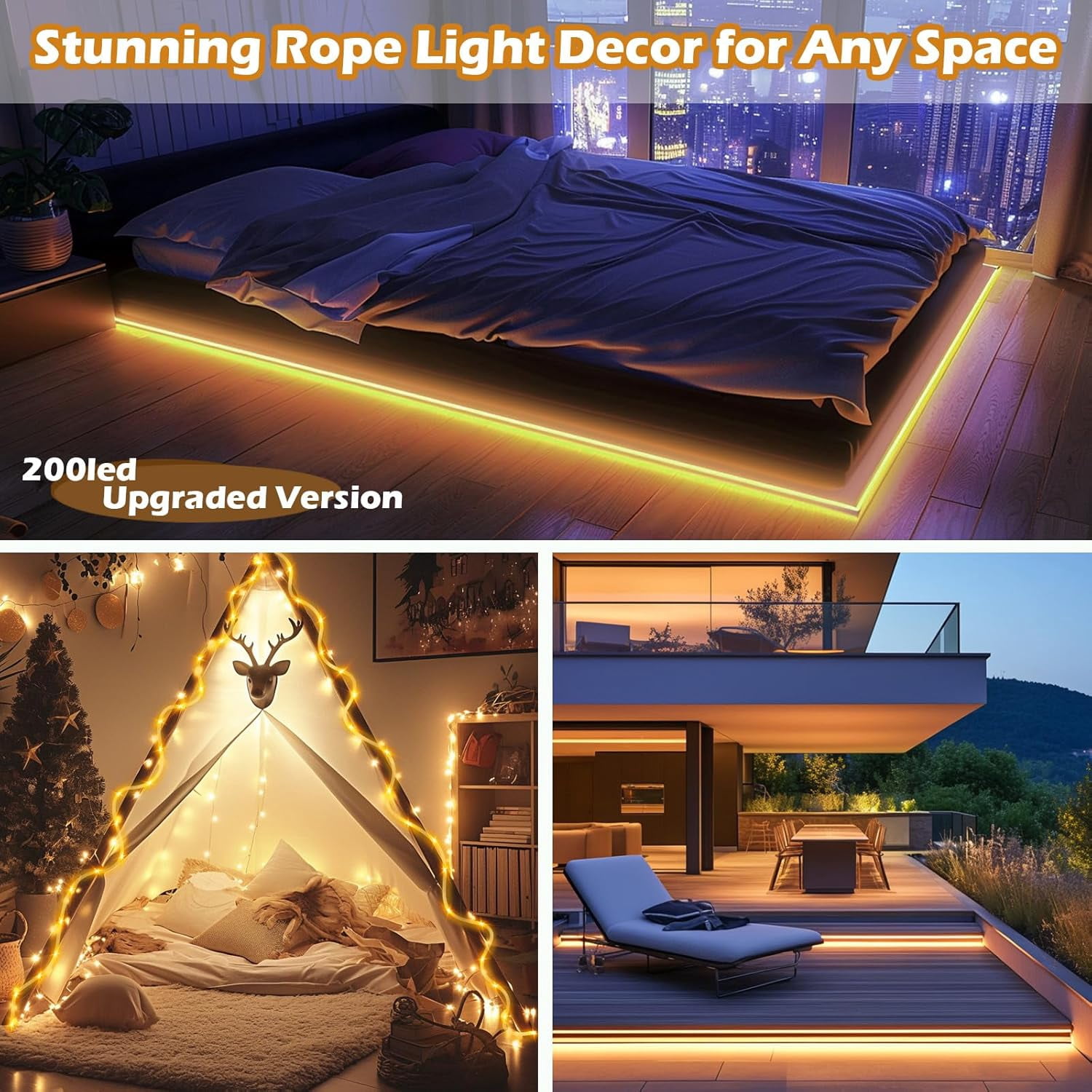 Chargeable Rope Light SLFR-Solar Rope Lights Waterproof 65FT 200LEDs,High Capacity ...