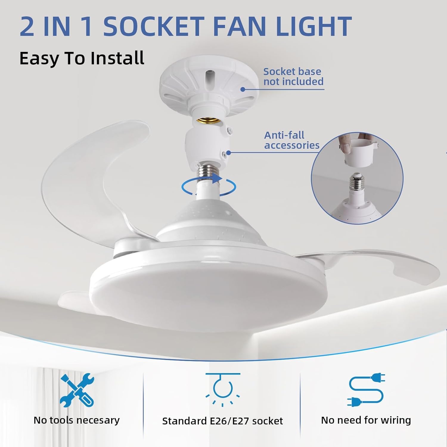 Light Socket Fan SLFS-Socket Fan Light, 3000K-6000K 3 Color Adjustable LED Bulb 2500 ...