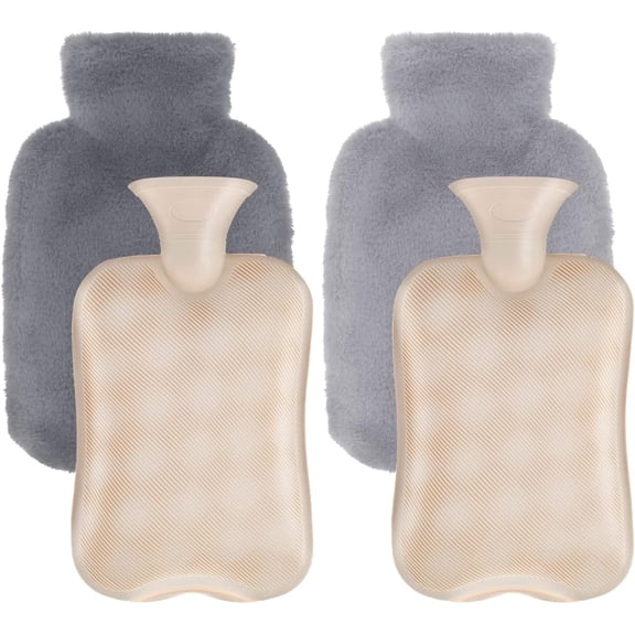 SLGHLSAHG 2 Pack Hot Water Bottle with Soft Fluffy Cover 1000ml Large Hot Water Bag Portable Leak-Proof Hot Water Pouch Pain Relief Winter Warmer for Neck Shoulder Back Abdomen(Gray) A41572