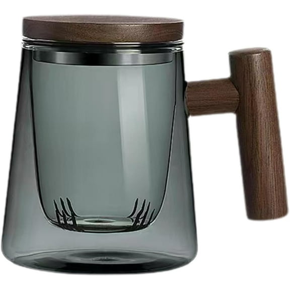 SLGHLSAHG Glass Tea Cup with Infuser and Lid, Portable Teapot with Tea Filter, Loose Leaf Tea Steeper Cup, Glass Tea Mug, Steeping Infuser Tea Mugs for Loose Leaf Tea, Gray Glass Wooden Handle A4830