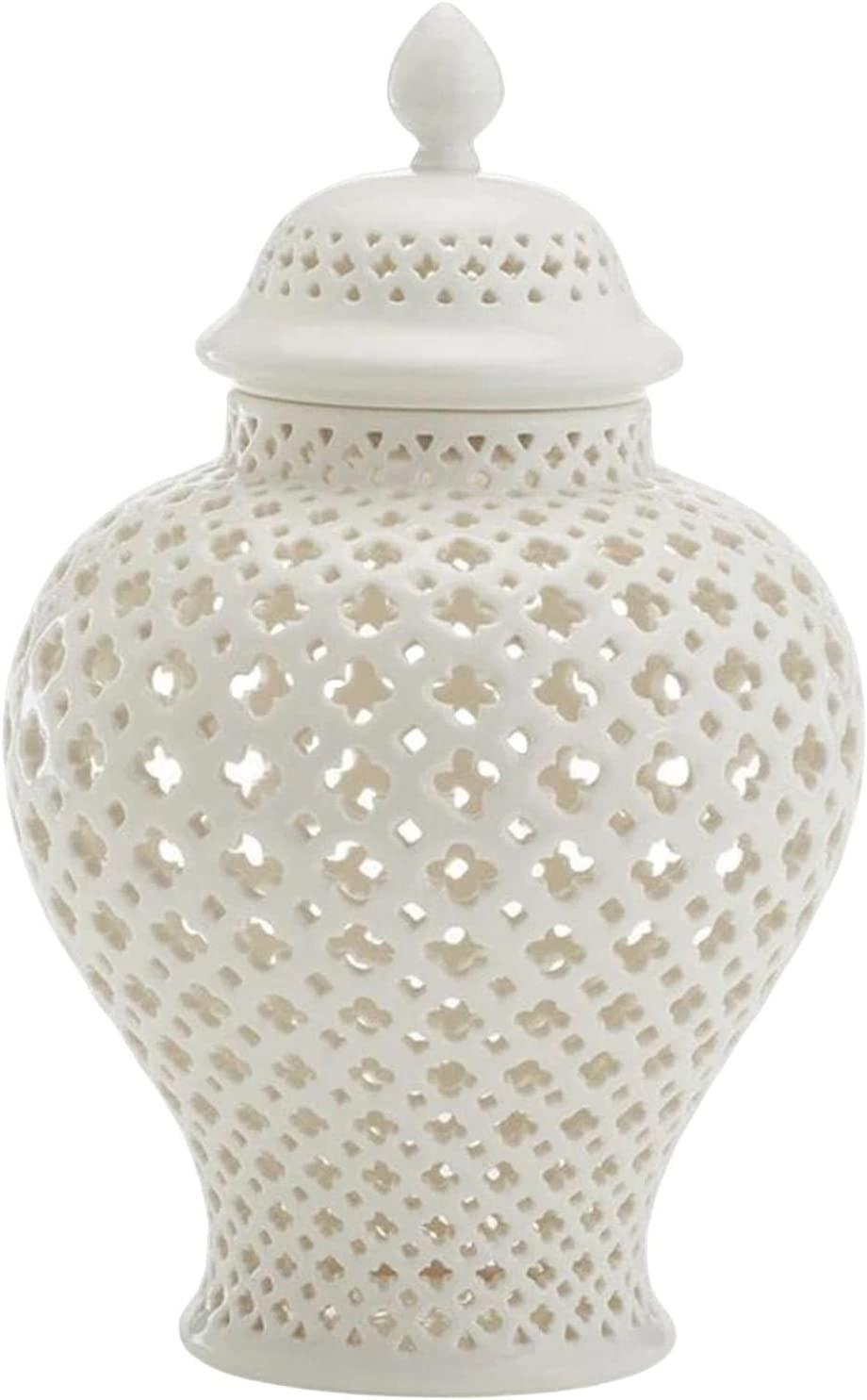 White Ceramic Lattice Ginger Jar with Lid, 10.83 Inch