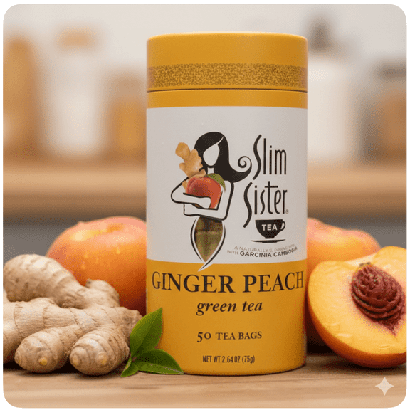 SLIM SISTER GINGER PEACH GREEN TEA + GARCINIA + CAMBOGIA 50 TEA BAGS NEW