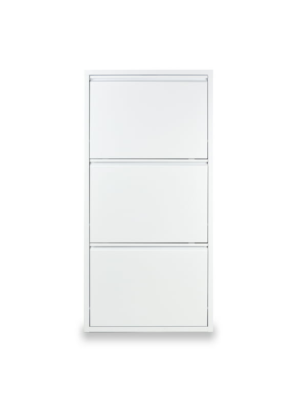 SLIMLINE Metal Shoe Cabinet, 3 Drawer, 41x20x6", Wall Mountable Storage- NO Assembly, White