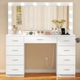thumbnail image 1 of TEENFON 46" Vanity Desk with Large Lighted Mirror and Power Outlet, Makeup Vanity with 9 Drawers and Glass Desktop, Vanity Table for Bedroom, White, 1 of 8