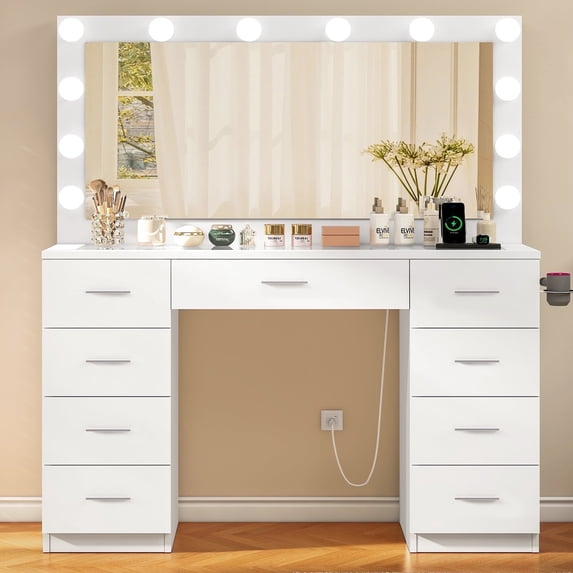 TEENFON 46" Vanity Desk with Large Lighted Mirror and Power Outlet, Makeup Vanity with 9 Drawers and Glass Desktop, Vanity Table for Bedroom, White
