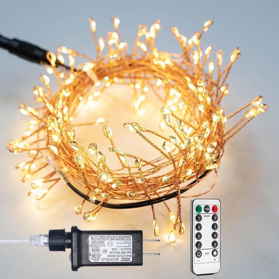 SLIYANG 200LED 20FT Warm White Cluster Copper Wire String Lights, 8 Modes, Gold Wire Fairy Lights Plug in Firecracker Christmas Copper Light for Bedroom Christmas Tree Garland Wreath Window Wedding