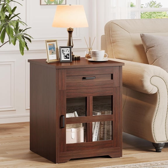 SLIYANG Farmhouse End Table, 18" Side Table with Drawer & Barn Door Storage, Wood Sofa Bedside Table, Espresso. Fit for living room, bedroom