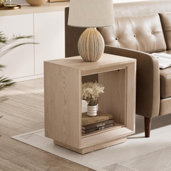 SLIYANG Farmhouse End Table, Open Cube Accent Table, Geometric Frame, Modern Minimalist, Light Grey. Fit for living room, bedroom, small spaces
