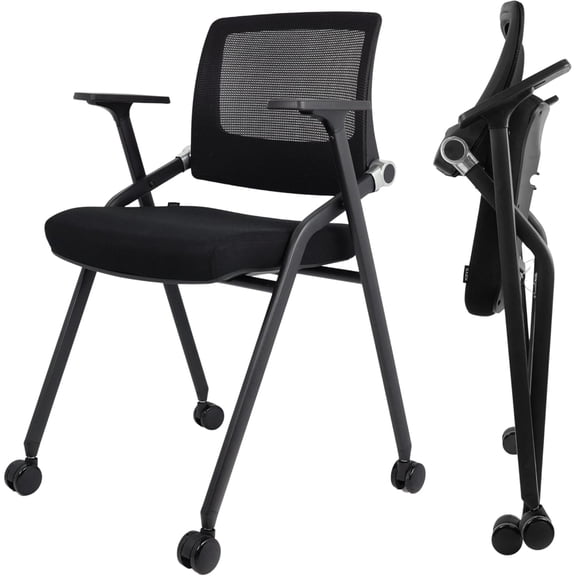 SLKJChr Mesh Mid Back Indoor Commercial Adjustable Armrest and Foldable Office Chairs, Black (Set of 2)
