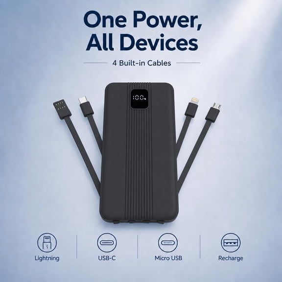 SLKOHDZ-10000mAh Portable Charger with 4 Built-in Cables, 22.5W Fast Charging Power Bank, LED Display, Slim Travel Battery Pack for iPhone 17/16/15/14, Samsung Galaxy, iPad & More