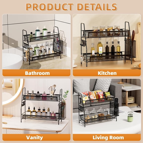 SLKOHDZ-2-Tier Bathroom Organizer Countertop, Metal Wire Mesh Bathroom Counter Organizer Storage with Basket Hooks, Vanity Tray Shelf, Kitchen Spice Rack, Black