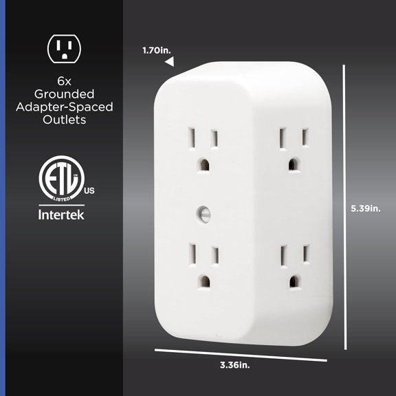 SLKOHDZ-6-Outlet Extender, 2 Pack, Grounded Wall Tap, Adapter Spaced Outlets, 3-Prong Outlet Splitter, Multiple Plug, Quick and Easy Install, Cruise Essentials, UL Listed, White, 40222