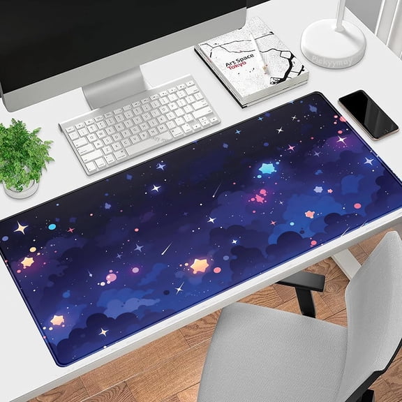 SLKOHDZ-Blue Stars Desk Mat Cute Cloud Desk Pad, Aesthetic Starry Sky Mouse Mat Gaming Mousepad XXL, Extra Large Deskktop Mats for Keyboard and Mouse, Computer Laptop Mat Kawaii Desk Decor 31.5"x15.7
