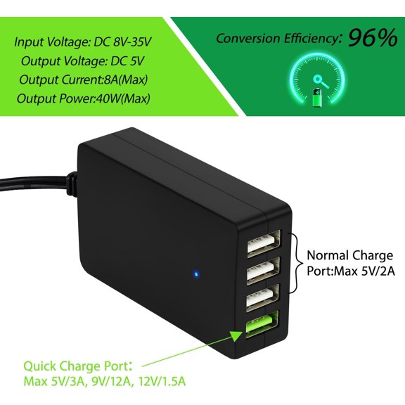 SLKOHDZ-DC Converter with Battery Clip 12V 24V to 5V Step Down 4-Port USB Power Adapter Charger Portable for iPhone iPad Android and Tablet Chargers