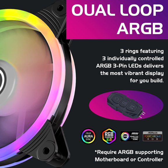SLKOHDZ-DS 120MM PWM Fans, 3Pack LED RGB Case Fans for PC Cases, CPU Coolers, Water Cooling Radiators System (Compatible with ASUS Aura Sync or MSI Mystic Control, B Series)