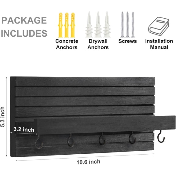 SLKOHDZ-Decorative Key Holder for Wall with Shelf, Entryway Shelf with Hooks Holds Leashes, Jackets and Glasses  Sturdy Wood Keyholder Entrance Hanger with Mounting Hardware (Black, Medium)