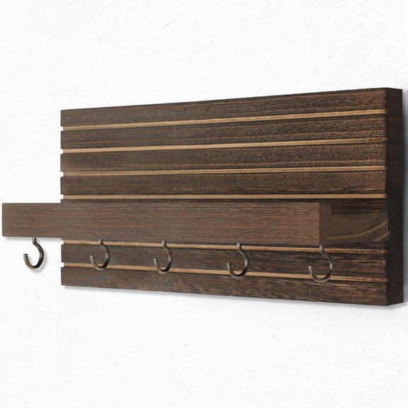 SLKOHDZ-Decorative Key Holder for Wall with Shelf, Entryway Shelf with Hooks Holds Leashes, Jackets and Glasses  Sturdy Wood Keyholder Entrance Hanger with Mounting Hardware (Brown, Medium)