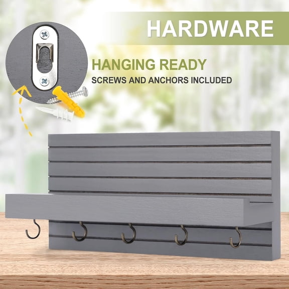 SLKOHDZ-Decorative Key Holder for Wall with Shelf, Entryway Shelf with Hooks Holds Leashes, Jackets and Glasses  Sturdy Wood Keyholder Entrance Hanger with Mounting Hardware (Gray, Medium)