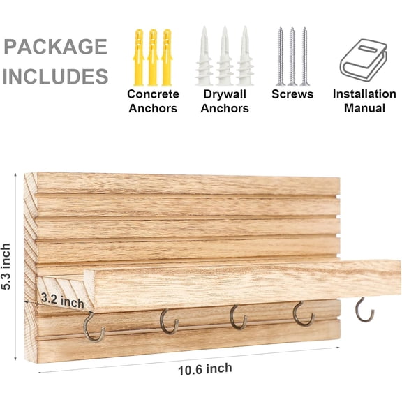 SLKOHDZ-Decorative Key Holder for Wall with Shelf, Entryway Shelf with Hooks Holds Leashes, Jackets and Glasses  Sturdy Wood Keyholder Entrance Hanger with Mounting Hardware (Wood, Medium)