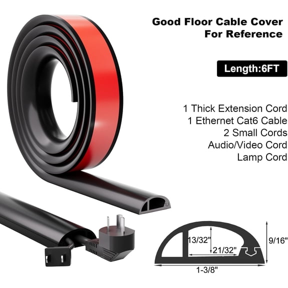 SLKOHDZ-Kneelisa 6FT Side-Open Extension Cord Covers for Wires on Floor,Silicone Power Cable Protector Cord Hider Management Strip,Hide Electric Wire on Carpet,Chord Runner Protective Safety,Black