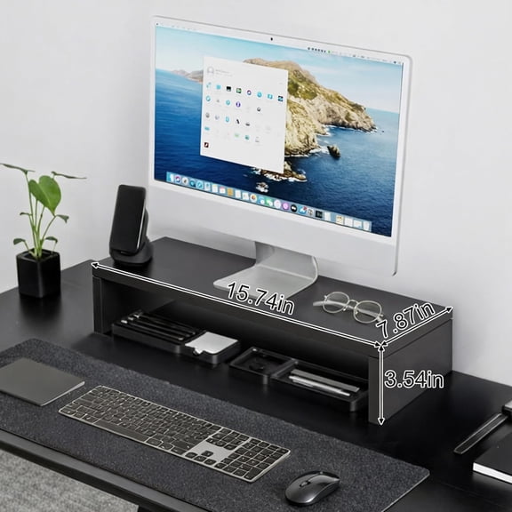 SLKOHDZ-Monitor Stand Riser, Desktop Stand for PC/Laptop/Printer, Wood Monitor Riser with Storage, Computer Stand Keyboard Organizer, Black, 15.7 Inch
