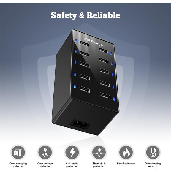 SLKOHDZ-Multiple USB Charger Station, 10 Port USB Charging Station, USB Charger for Multiple Devices, Charger Block for iPhone 13/14/15/16/Samsung S24/S25/S26 Ultra/Google/iPad/iPod