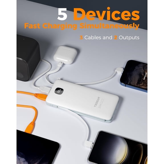 SLKOHDZ-Portable Charger with Built in Cables, 10000mAh Power Bank Fast Charging with Foldable Wall Plug Charger, PD20W Compact Battery Pack Travel Essentials for iPhone 17/16/15 Series,Samsung,Table