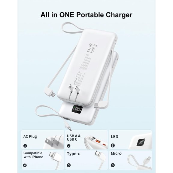 SLKOHDZ-Portable Charger Built-in Cables and AC Wall Plug, 10000mAh 22.5W PD Fast Charging Power Bank, Lightweight Compact Battery Pack Travel Essentials for iPhone 17/16/15/14/13 Series,Samsung,Tabl