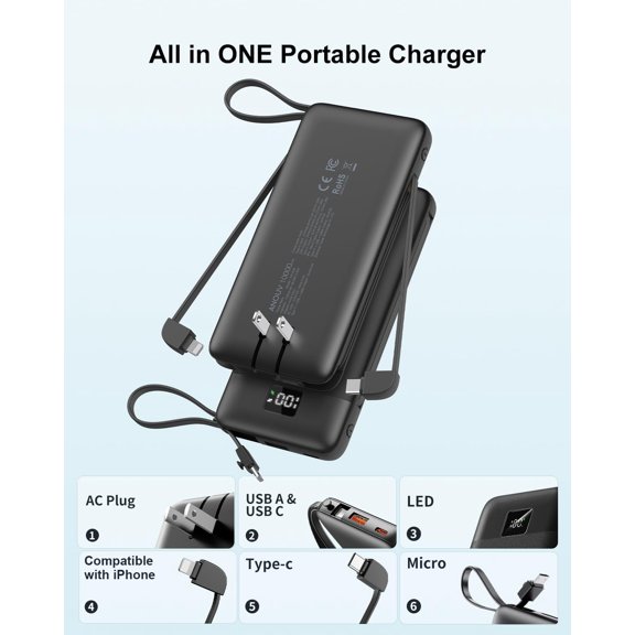 SLKOHDZ-Portable Charger Built-in Cables and AC Wall Plug, 10000mAh 22.5W PD Fast Charging Power Bank, Lightweight Compact Battery Pack Travel Essentials for iPhone 17/16/15/14/13 Series,Samsung,Tabl