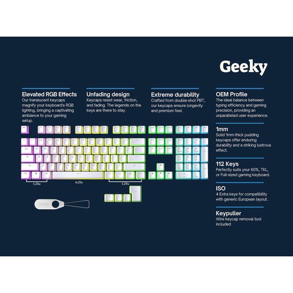 SLKOHDZ-Pudding Keycaps | Double Shot PBT | 112 Keys | Translucent Layer | Supports 60%, TKL & Full-Size RGB Mechanical Gaming Keyboards | ANSI (US) Layout & 4 ISO Keys (White)