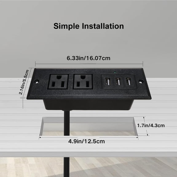 SLKOHDZ-Recessed Power Strip, Mount Hidden Charging Station with 3 USB Ports, Multiple Surge Protector Outlet Extender with Extension Cord for Nightstand Furniture Bed Conference Table (Black)