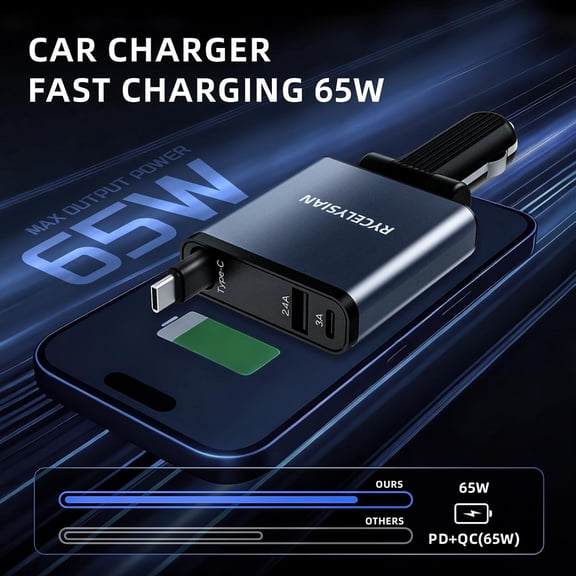 SLKOHDZ-Retractable Car Charger Ultra-Slim, 65W Fast Car Charger with 31.5 inches and USB C+USB A Car Charging Block Cube Suitable for iPhone Samsung and Android