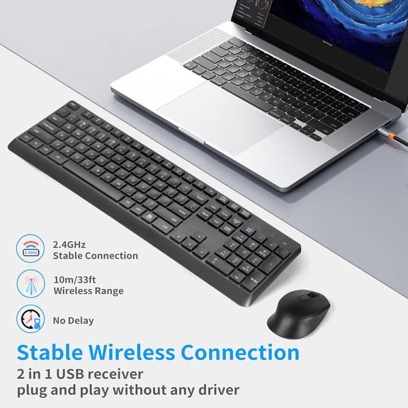 SLKOHDZ-Silent Wireless Keyboard and Mouse Combo, 2.4G Full-Size Thin Computer Keyboard Set, Quiet and Soft Ergonomic Wireless Keyboard Mouse for Windows, Laptop/PC/PS/Mac Desktop, Black